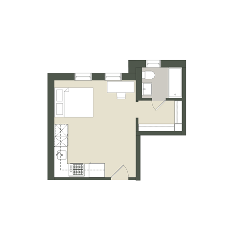 Floor plan for studio, 1 bath, 334 sqft